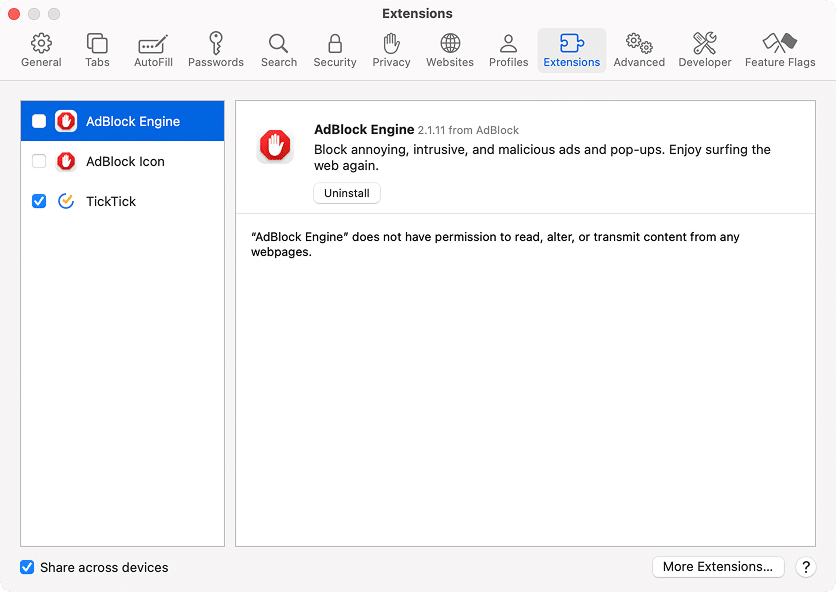 Safari Extensions list settings