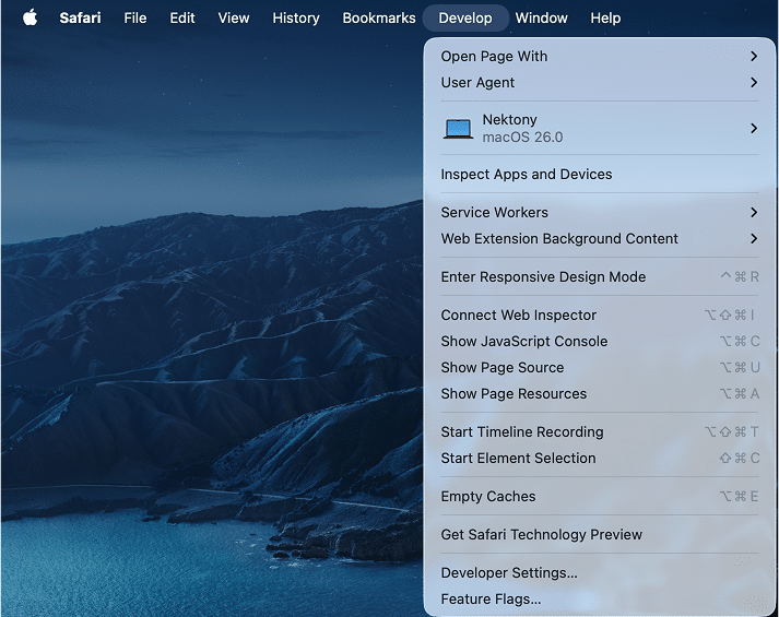 Develop dropdown in Safari top menu bar