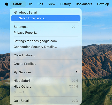 Safari menu bar
