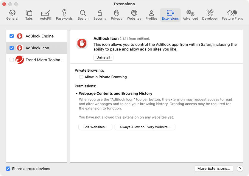 the Extensions window in Sagari with Adblock installed