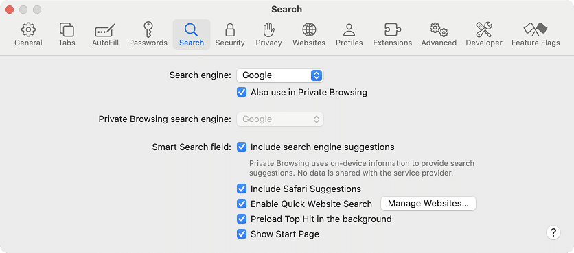 Search engine settings in safari
