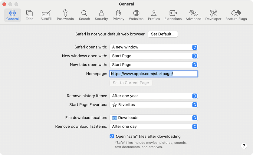 the Homepage setting in Safari preferences