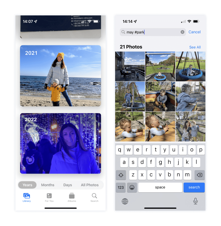 iPhone screens showing how to search for images in the Photos app