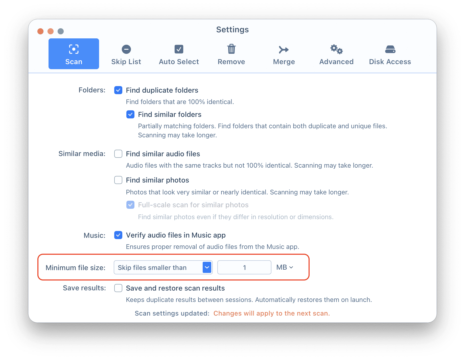Full scale duplicates scan settings