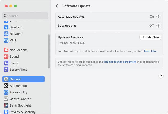 Software update window