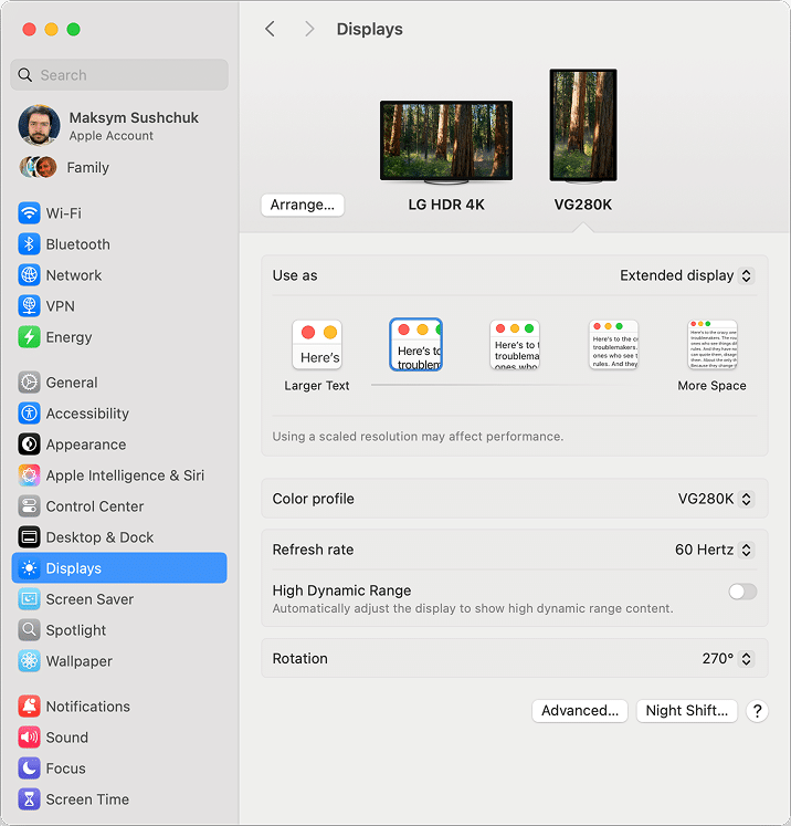 the Display settings on macOS