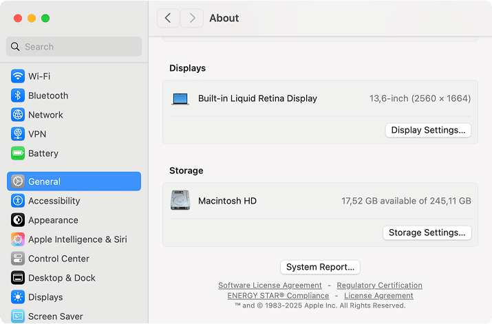the About tab of the General section of System Settings in Mac