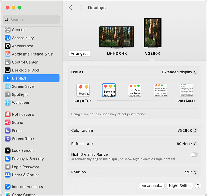 A display set as Extended display in Displays settings of macOS