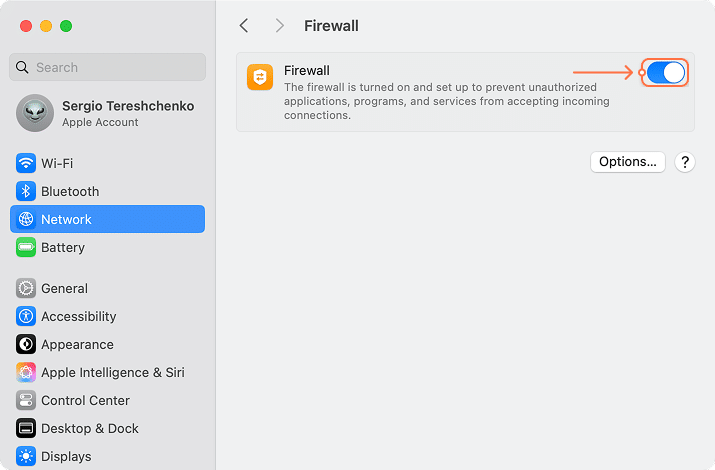 Firewall tab in System Settings