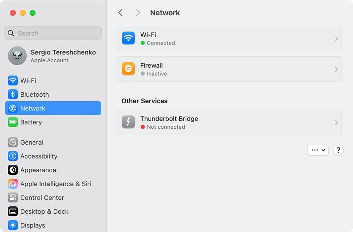 Network tab in System Settings