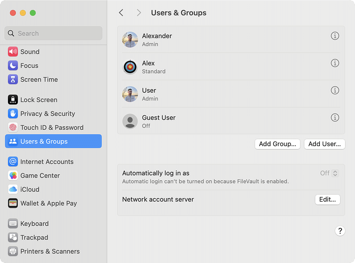 the Users & Groups settings in macOS
