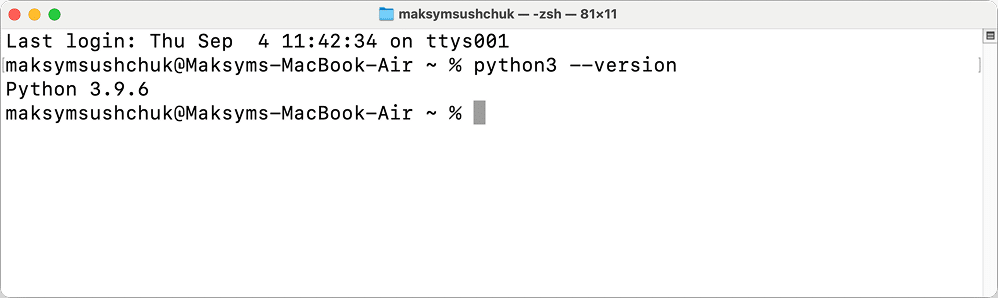 The Terminal window showing the existing Python version