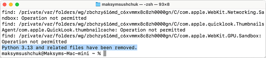 The script successfully uninstalled Python