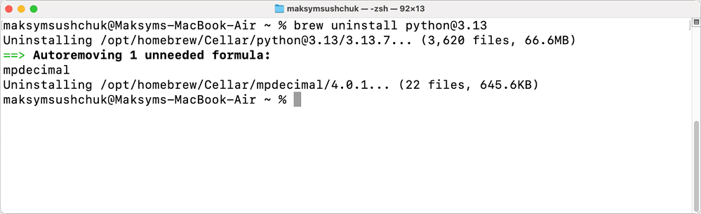 The Homebrew's Python uninstallation process in Terminal
