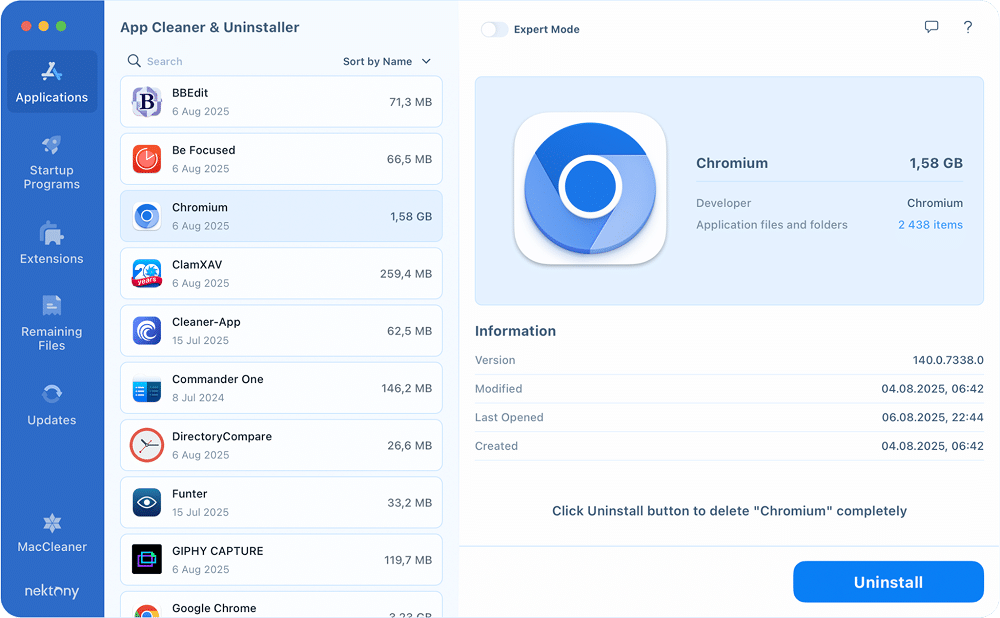 Uninstalling Chromium with App Cleaner & Uninstaller
