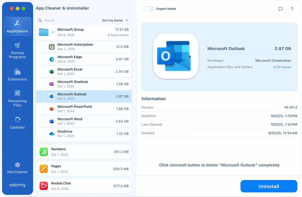 Outlook in App Cleaner & Uninstaller