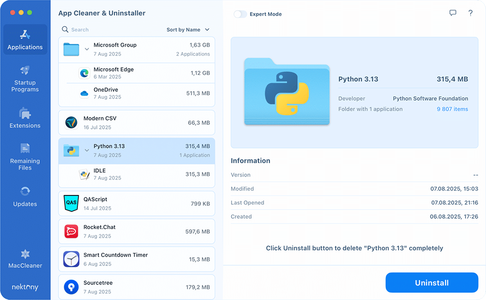 App Cleaner & Uninstaller with Python selected