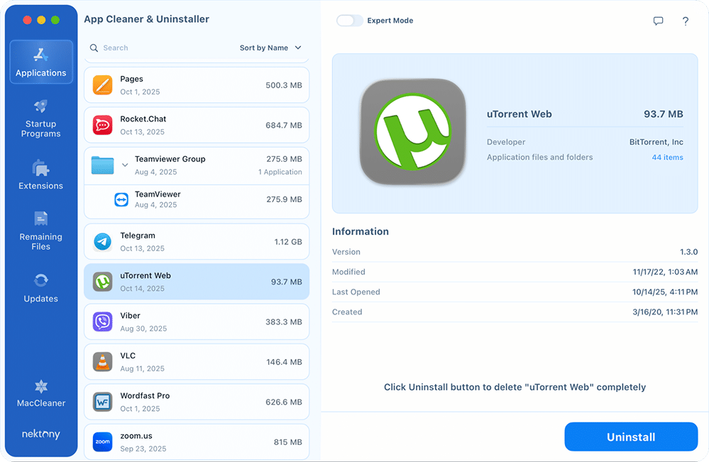 uTorrent in App Cleaner & Uninstaller