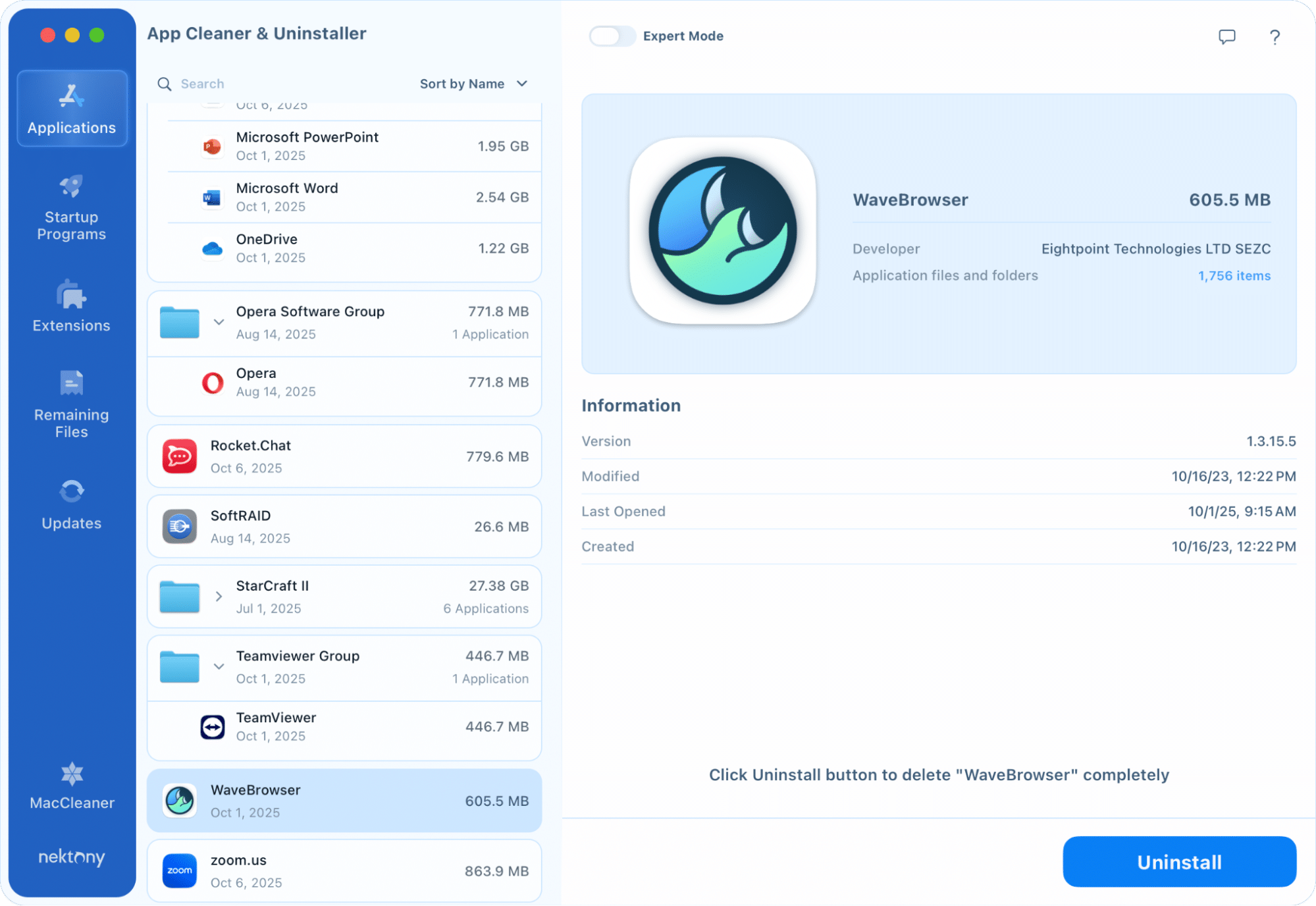 WaveBrowser in Applications in App Cleaner & Uninstaller
