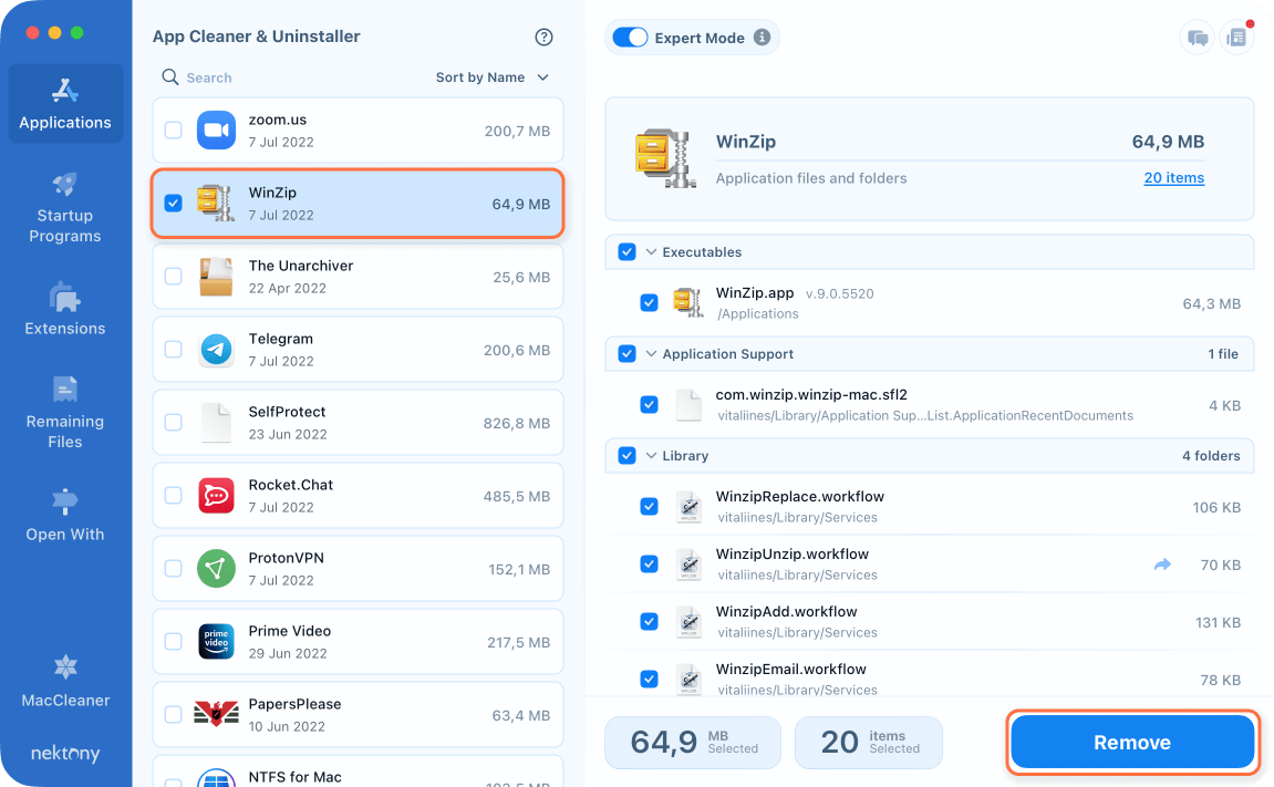 Winzip for Mac application with all service files selected in App Cleaner app