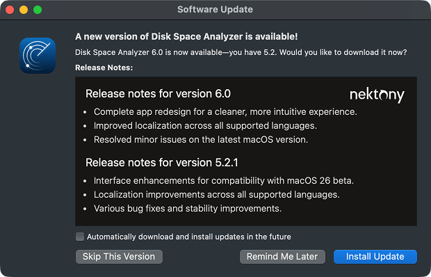 Software update window for an application downloaded from the internet