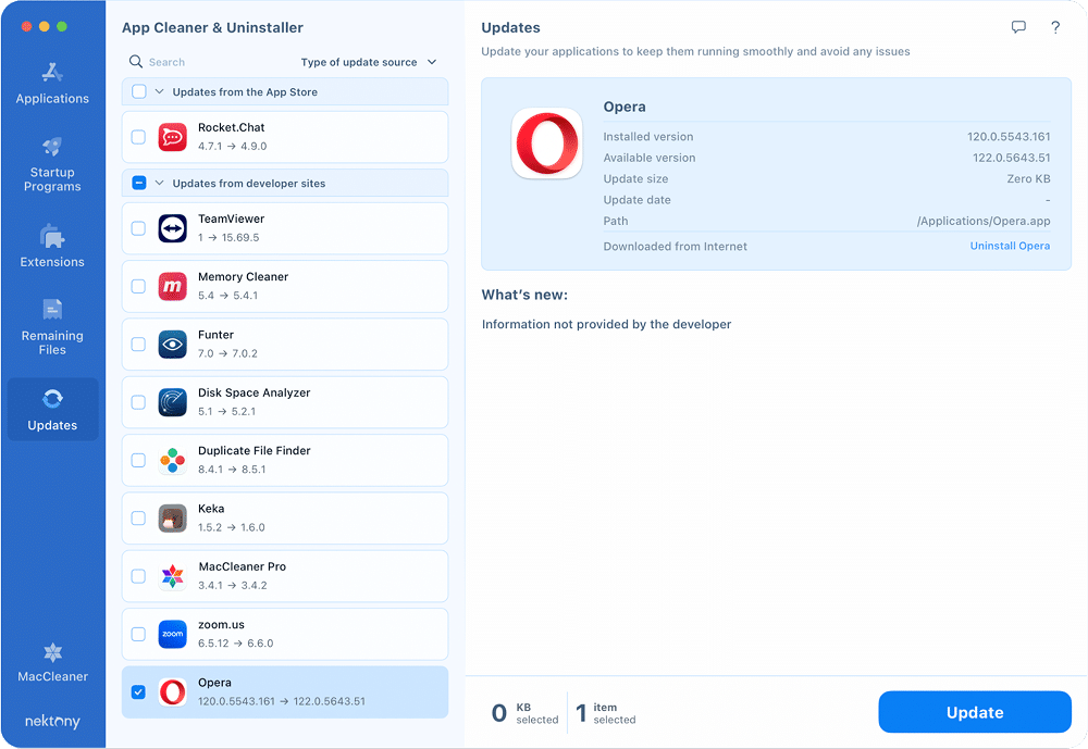 Opera in Updates tab in App Cleaner & Uninstaller