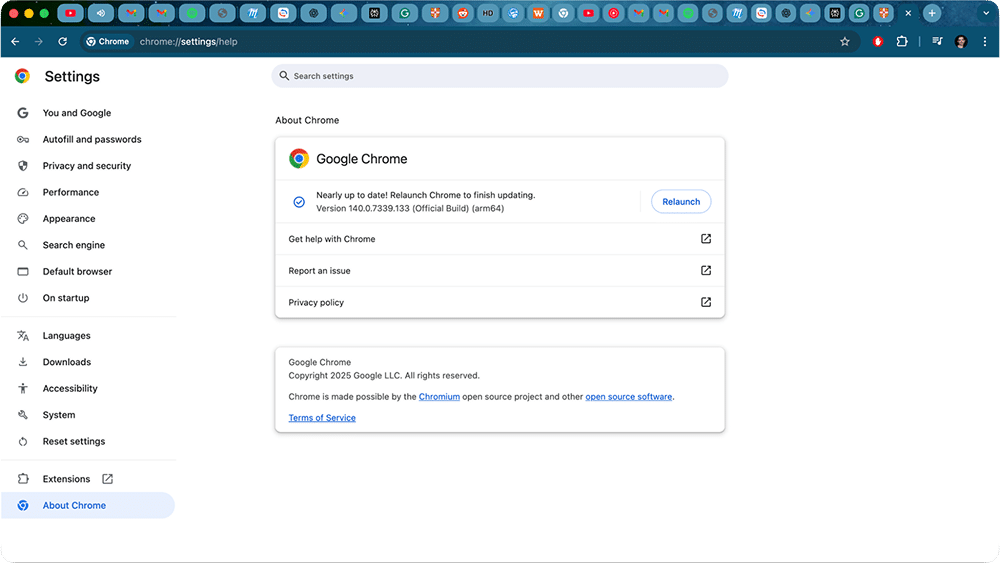 About Chrome tab in Chrome Settings