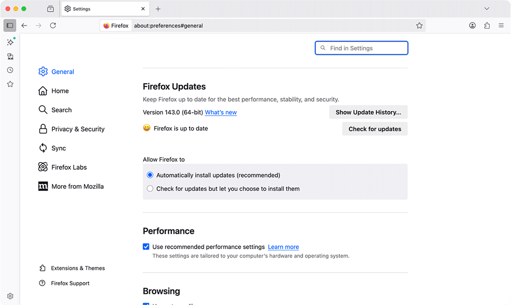 General tab in Firefox Settings