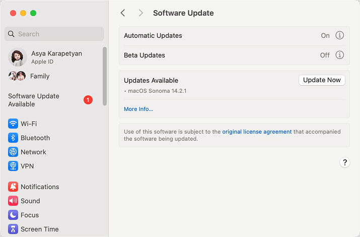 System Settings showing the Software update window