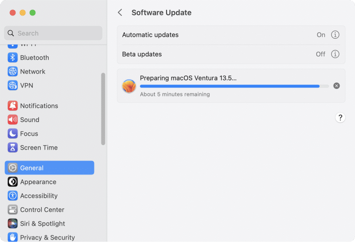 Software update window showing the downloading process