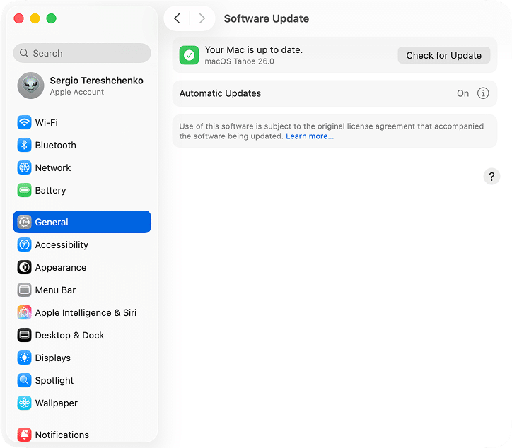 Software Update tab in System Settings