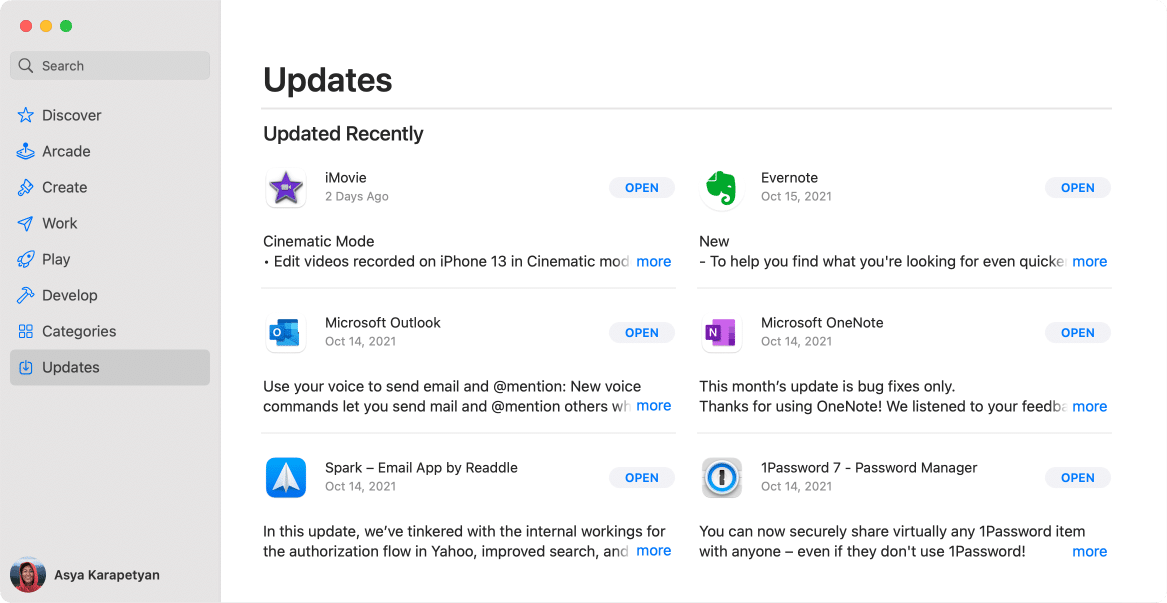 App Store window showing the Updates section