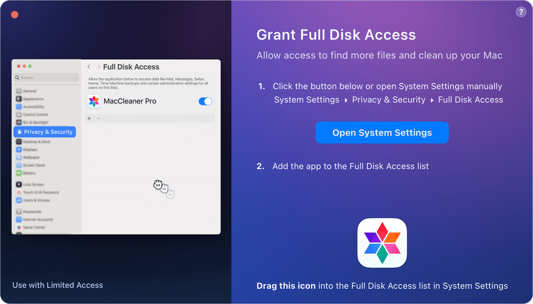  Grant Full Disk Access notification window