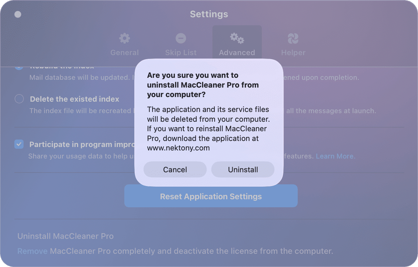A confirmation window to uninstall MacCleaner Pro