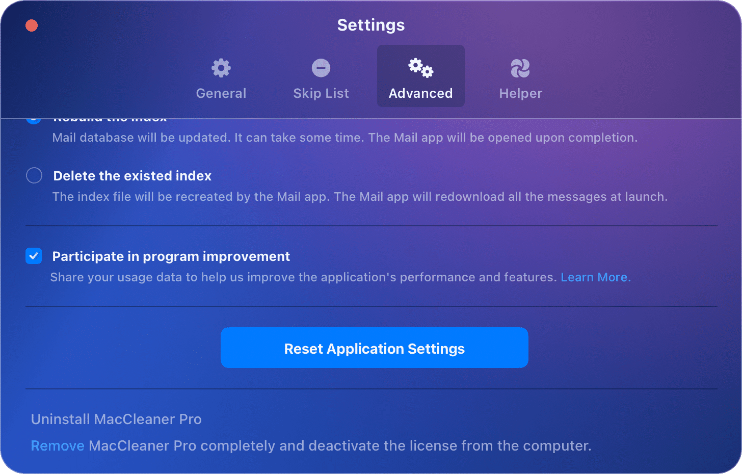 MacCleaner Pro showing the Advanced tab of preferences window