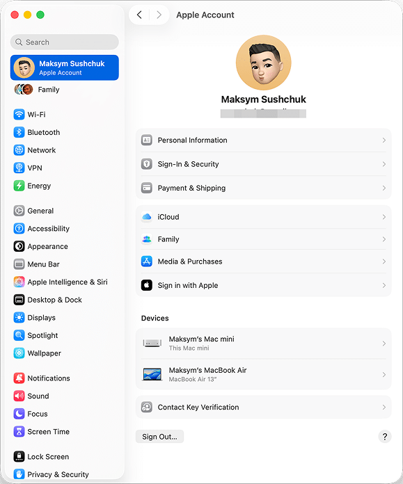 Apple account in system settings of macOS