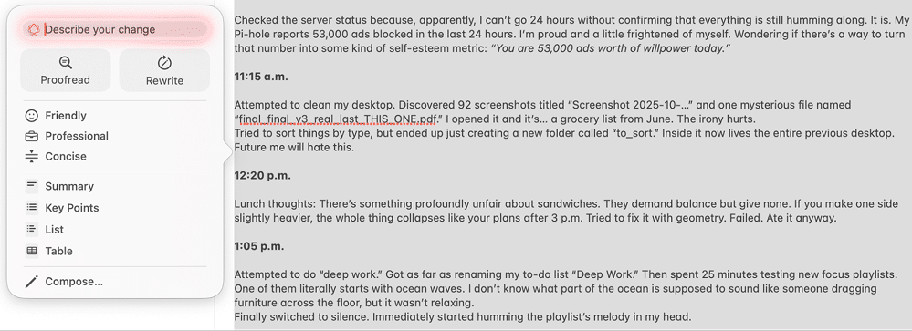 the Writing Tools menu for a selected text