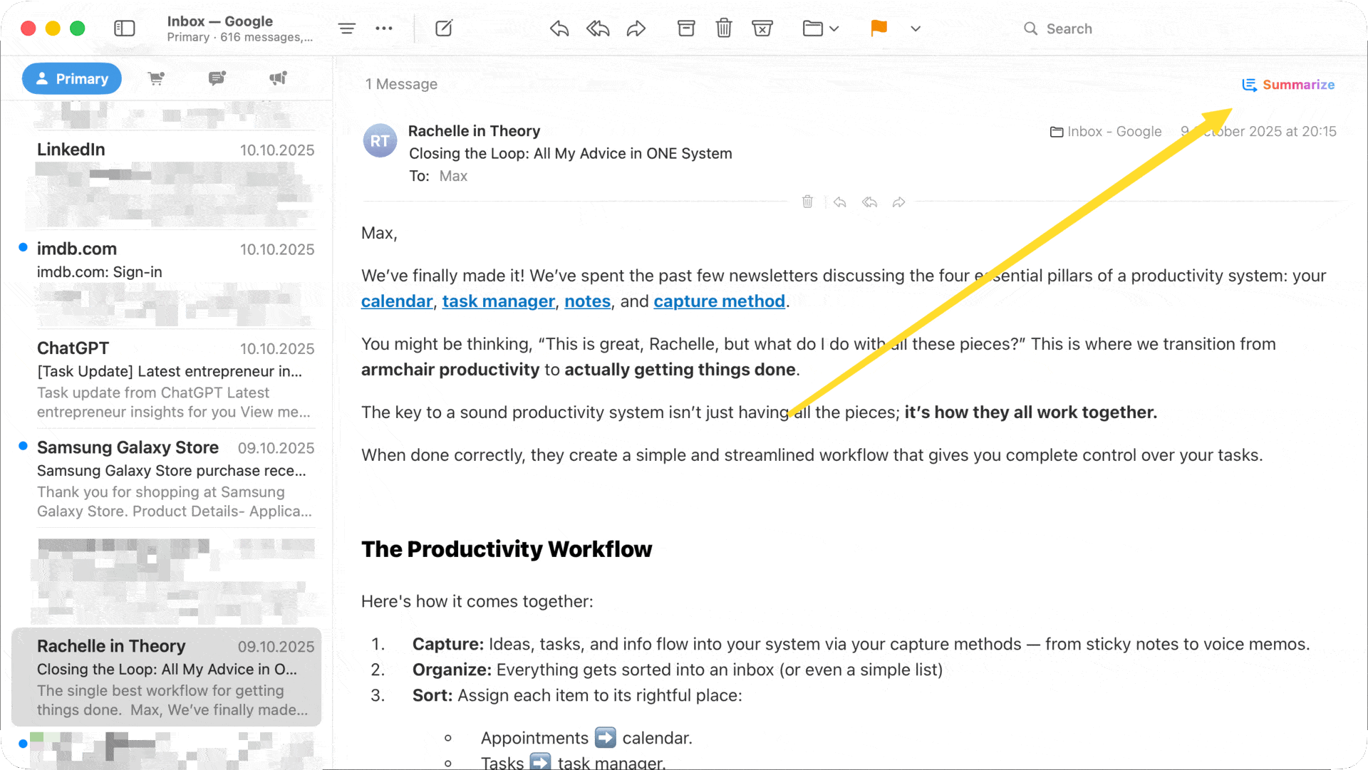 the Summarize button functionality in Mail