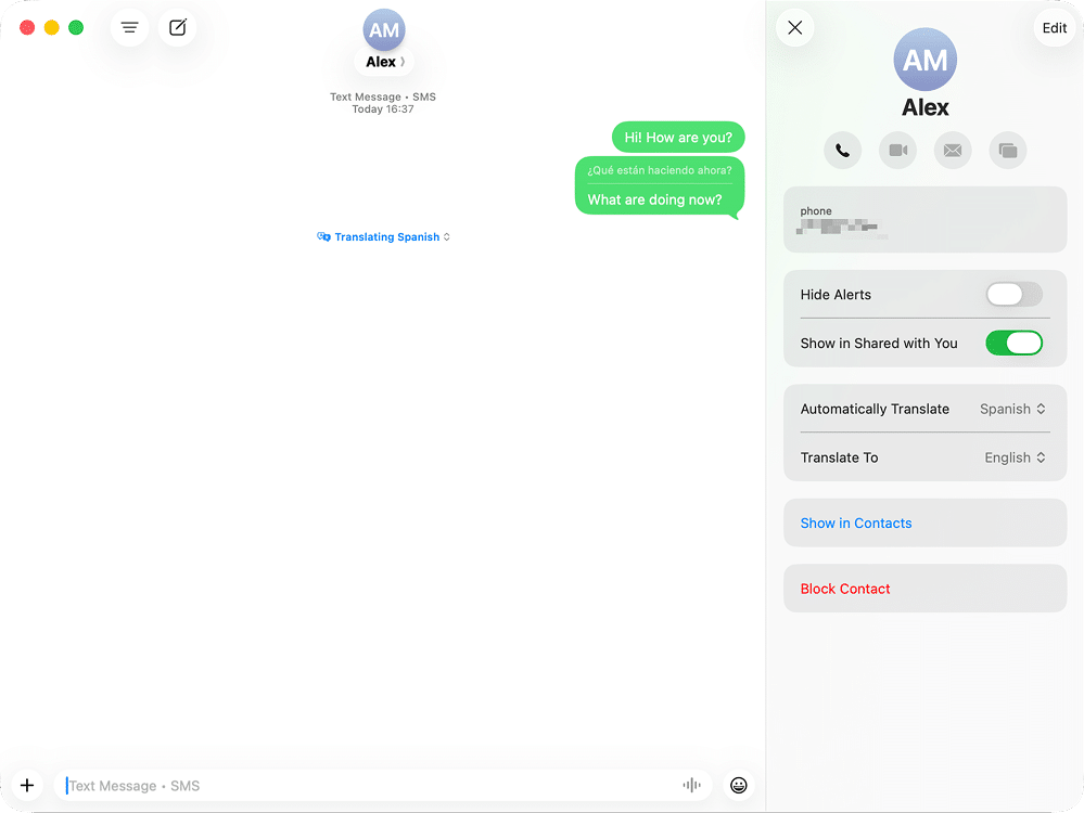 the Messages app with the Live Translation feature