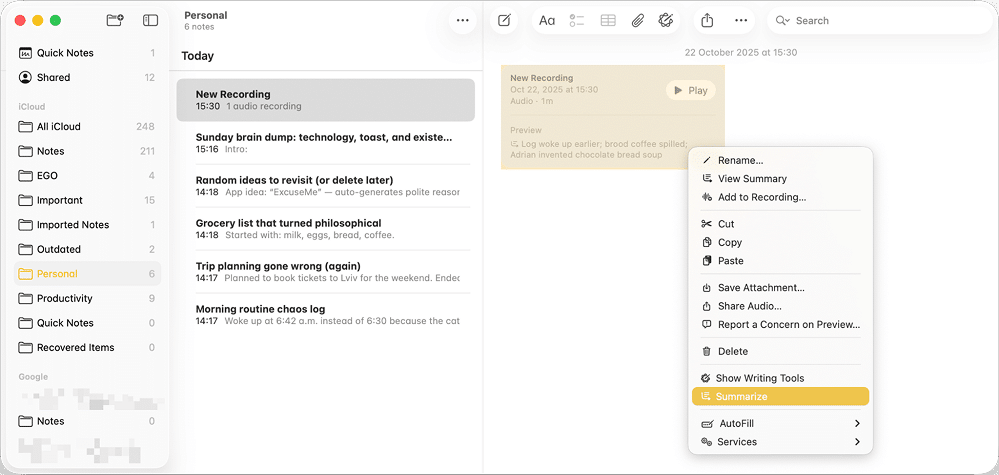 The updated view of voice momes in Notes