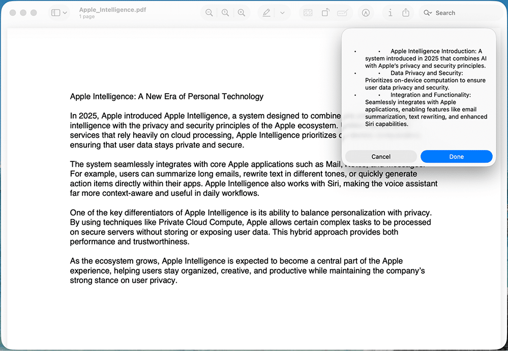 the Summarize PDF shortcut in action