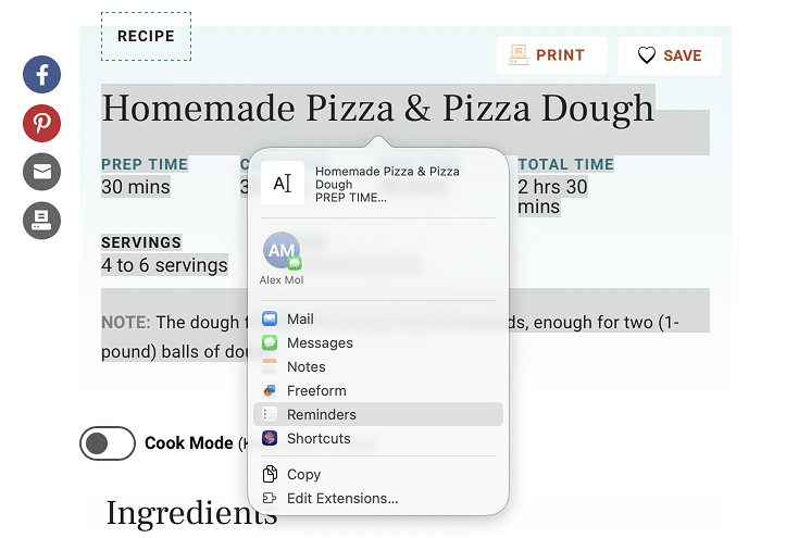 the Reminders option in the context menu for the selected text