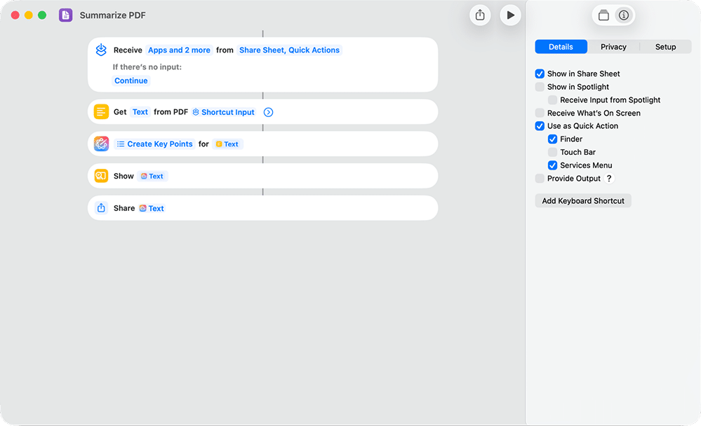the details of the built-in Summarize PDF shortcut