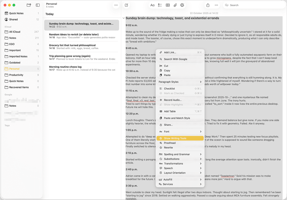 the context menu in the Journal app