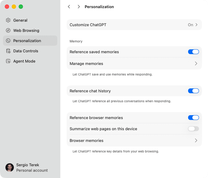Personalization tab of Atlas settings