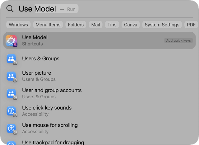 the Use Model shortcut triggered via Spotlight