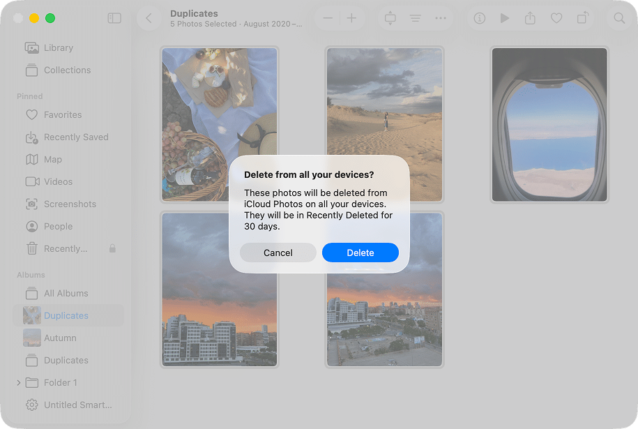 Photos app showing confirmation message for photos removal