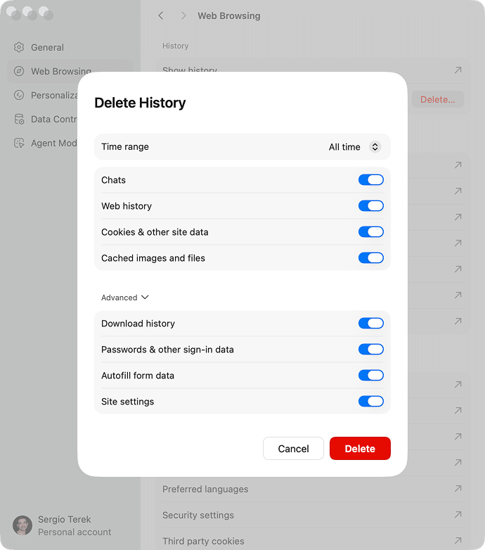 Web browsing tab of Atlas settings