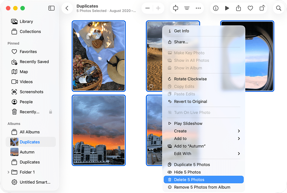 Photos app context menu with delete option selected