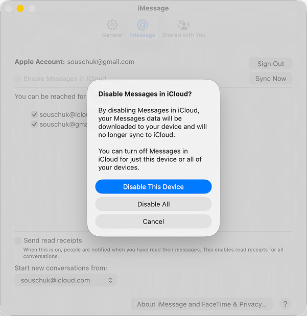 the Disable Messages in iCloud dialogue in macOS Tahoe